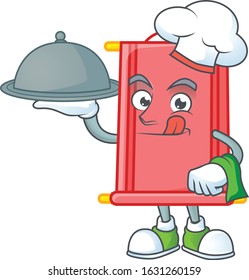 cartoon design of chinese red scroll as a Chef having food on tray