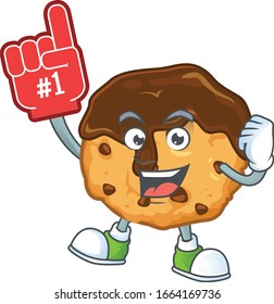 A cartoon design of chocolate chips with cream holding a Foam finger