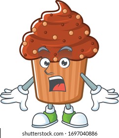 A cartoon design of chocolate cupcake showing an amazed gesture