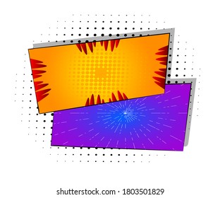 Cartoon design colored comic book label, sign. Marketing, advertising background. Geometric Comic book illustration. Vector poster, flyer, banner comics backdrop.