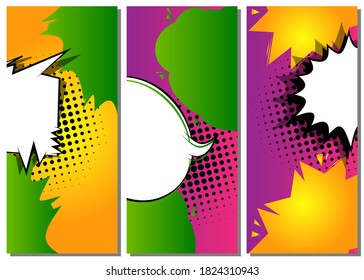 Cartoon design colored standing banners. Comic book illustration backgrounds. Vector comics backdrop.