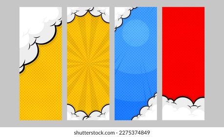 Cartoon design colored standing banners. Comic book illustration backgrounds. Vector comics backdrop.