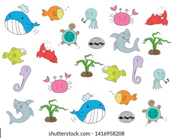 Cartoon design of colorful sea or underwater animals collection