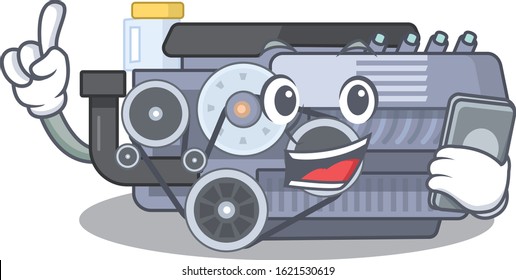 Cartoon design of combustion engine speaking on a phone