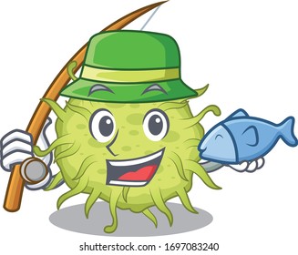 Cartoon design concept of bacteria coccus while fishing