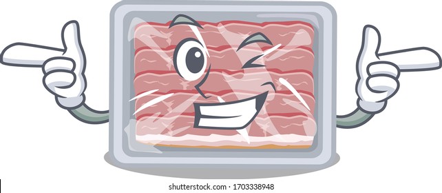 Cartoon design concept of frozen smoked bacon with funny wink eye