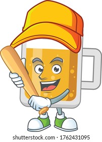 cartoon design concept of glass of beer playing baseball with stick