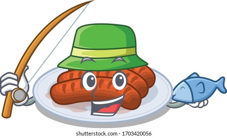 Cartoon design concept of grilled sausage while fishing