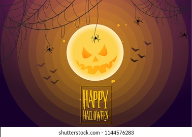 Cartoon Design in the concept of Halloween Day Celebration with a scary full moon and spiderweb