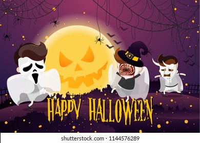 Cartoon Design in the concept of Halloween Day Celebration with cute cartoon Wearing a mask of ghost dancing in front of a scary full moon