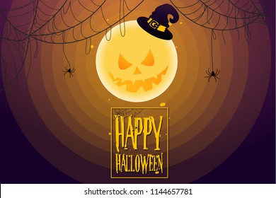 Cartoon Design in the concept of Halloween Day Celebration with a scary full moon and spiderweb