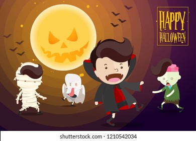 Cartoon Design in the concept of Halloween Day Celebration with cute cartoon wearing the costumes of ghost in front of a scary full moon