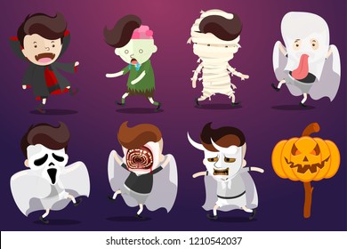 Cartoon Design in the concept of Halloween Day Celebration with cute cartoon wearing multiple style costumes and masks of ghost