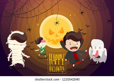 Cartoon Design in the concept of Halloween Day Celebration with cute cartoon wearing the costumes of ghost in front of a scary full moon