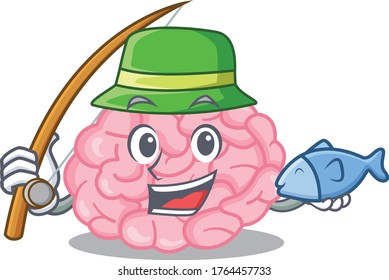 Cartoon design concept of human brain while fishing