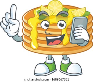 Cartoon design concept of lemon cream pancake talking on phone