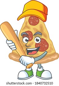 cartoon design concept of slice of pizza playing baseball with stick. Vector illustration