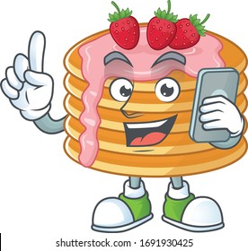 Cartoon design concept of strawberry cream pancake talking on phone