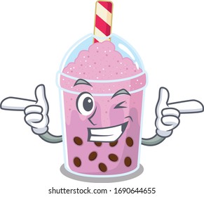 Cartoon design concept of taro bubble tea with funny wink eye