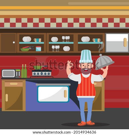 Cartoon design of cook standing happily in the restaurant.