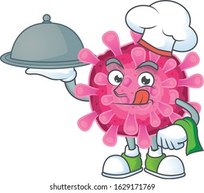 cartoon design of corona virus as a Chef having food on tray