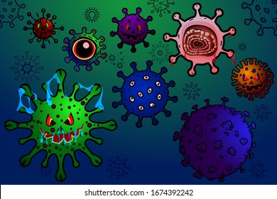 Cartoon design for Corona Virus and COVID-19 situation. Many designs of viruses, coronavirus, hiv, aids, sars, mers, bacteria and germs that make humans sick. Multicolor and multiple design of virus.