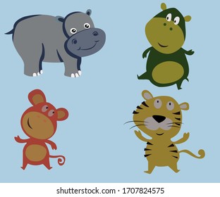 cartoon design of cows, monkeys, hippos, and tigers