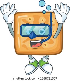 A cartoon design of crackers trying Diving glasses