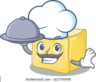 cartoon design of creamy butter as a Chef having food on tray