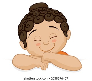 Cartoon design with cute baby Buddha with finger in its mouth over white background.