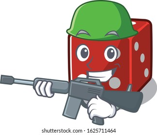 A cartoon design of dice Army with machine gun