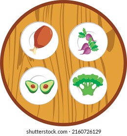 
Cartoon Design Drawing Illustration In Vector Form, Some Fresh Food On A Brown Round Table Meat, Fruit, And Some Vegetables