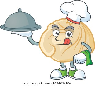 cartoon design of dumpling as a Chef having food on tray