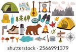 Cartoon design elements set for summer camping theme in flat style isolated on white background. Tent and campfire, binoculars and brown bear.