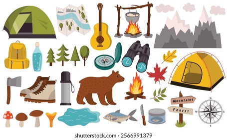 Cartoon design elements set for summer camping theme in flat style isolated on white background. Tent and campfire, binoculars and brown bear.