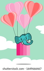 Cartoon design with elephant and big hearts on blue background