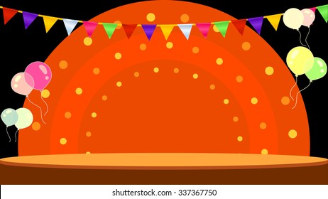 Cartoon design entertainment performance show stage. Glowing light bulb, triangle bunting flag banner, colorful balloons. Decoration elements, objects and background for special event, award ceremony.
