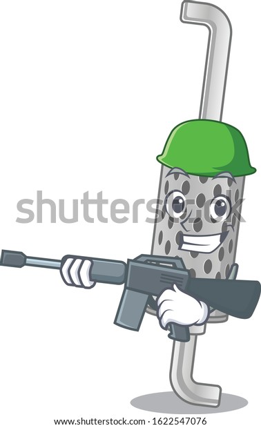 A\
cartoon design of exhaust pipe Army with machine\
gun