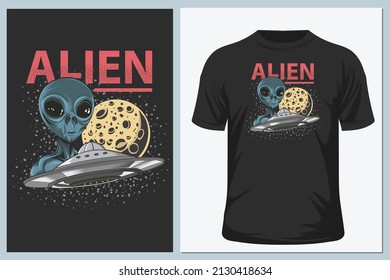 Cartoon design. Face alien with moon and UFO. Vector illustration print for wear brand clothes t shirt sweatshirt poster sticker patch.