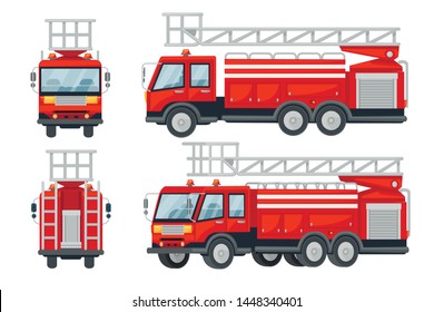 Cartoon design fire truck cars set flat vector illustration isolated on white background
