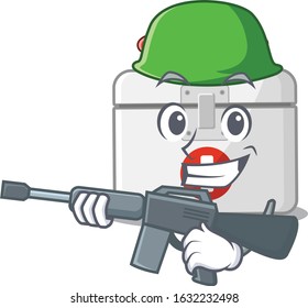 A cartoon design of first aid kit Army with machine gun