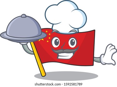 cartoon design flag china Scroll as a Chef with food on tray