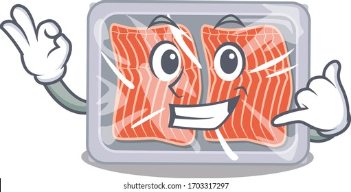 Cartoon design of frozen salmon with call me funny gesture