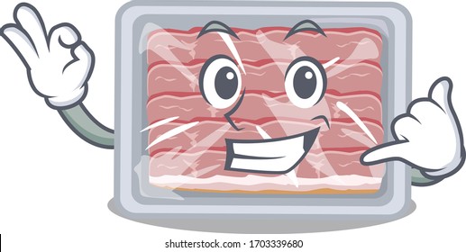 Cartoon design of frozen smoked bacon with call me funny gesture