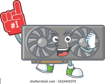 A cartoon design of gaming VGA card holding a Foam finger