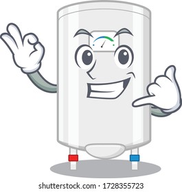 Cartoon design of gas water heater with call me funny gesture