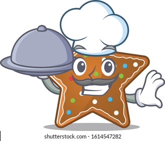 cartoon design of gingerbread star as a Chef having food on tray