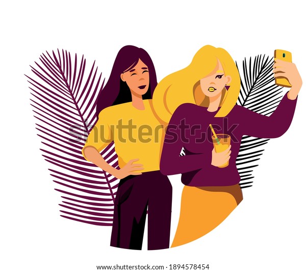 Cartoon Design Girls Taking Selfie Friends Stock Vector Royalty Free 1894578454 Shutterstock 