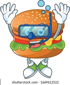 A cartoon design of hamburger trying Diving glasses