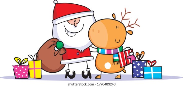 Cartoon design of happy Santa and friend with gifts.